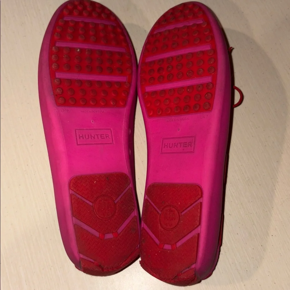 Hunter Pink Rubber Loafers with Red Trim